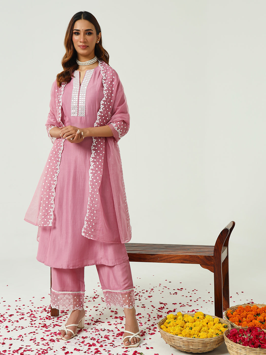 FIORRA Women's Pink Silk Blend Flared Kurta and Palazzo With Embroidered Dupatta